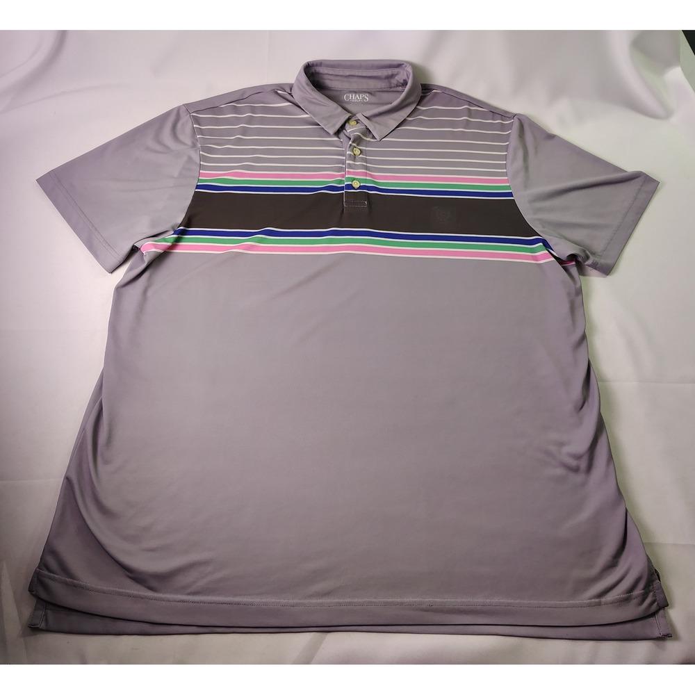 Chaps Golf Shirt Mens XL Striped Short Sleeve Polo Gray Pink Blue Pastel Prep